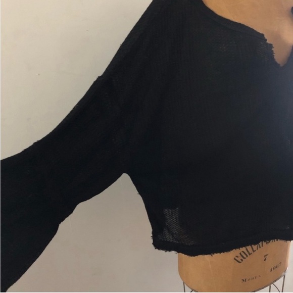Free People] Black Waffle Thermal  flared sleeve Oversized T-shirt Top - Picture 10 of 13